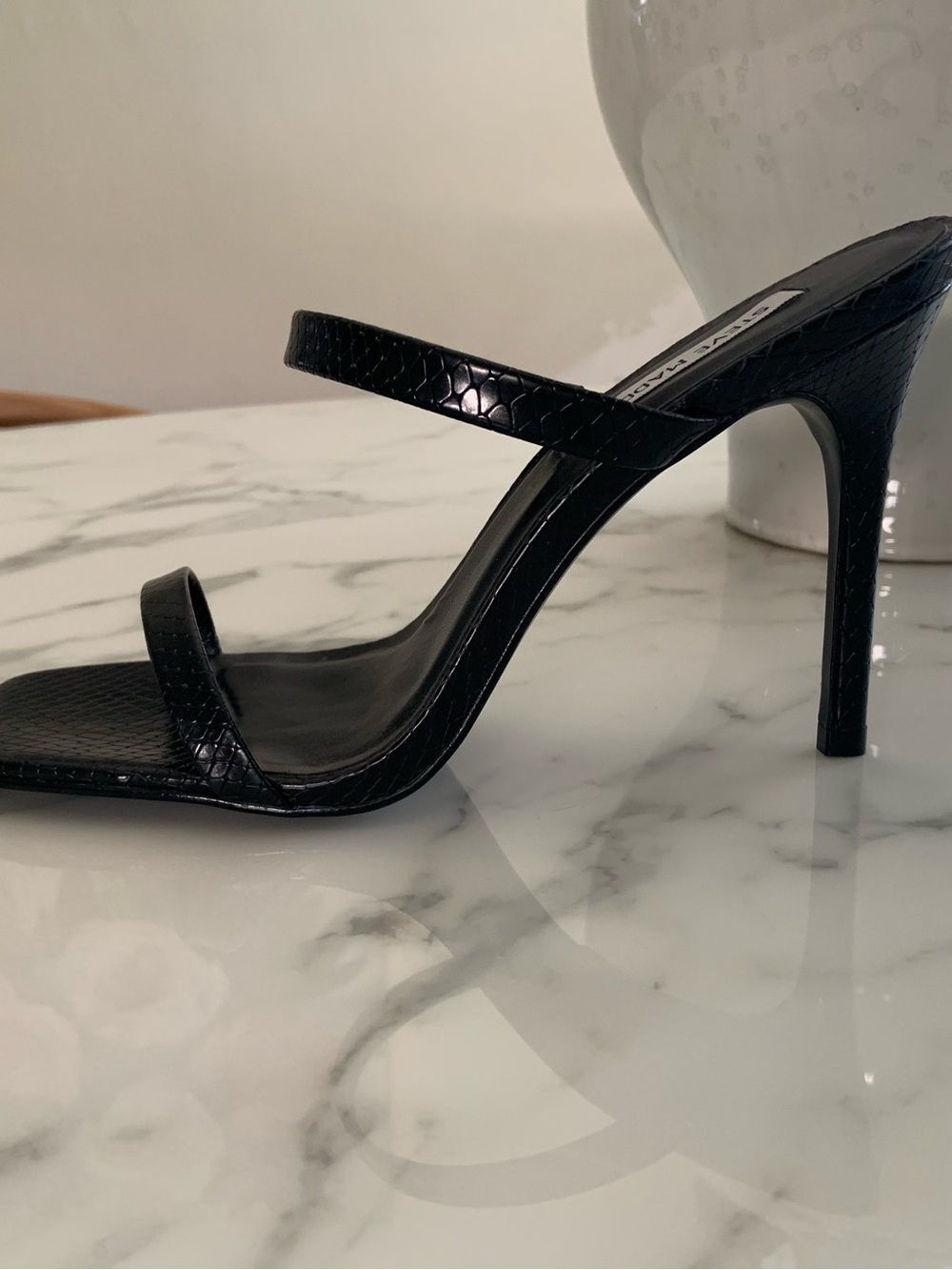 Steve Madden Black Snake-Embossed Strappy Stiletto Heels - Picture 3 of 7